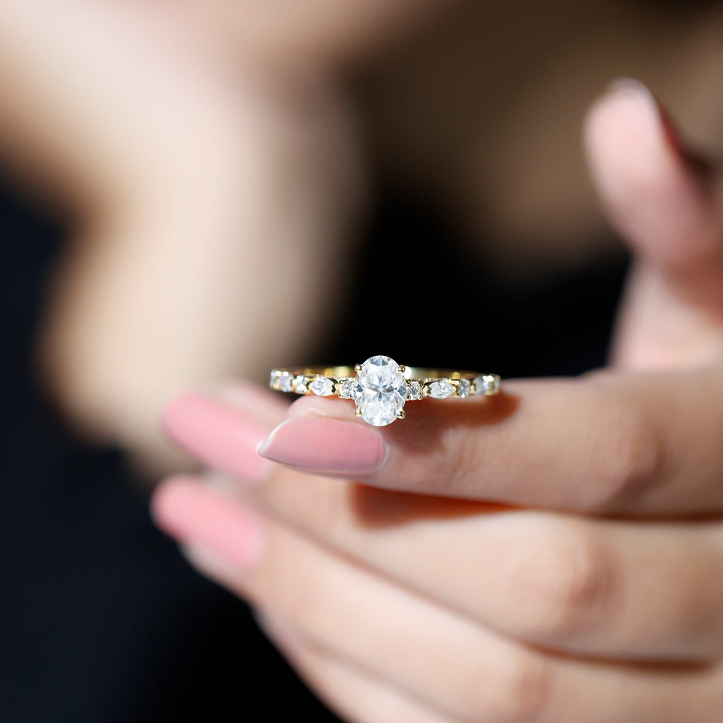 14K Yellow Gold Oval Moissanite Engagement Ring with Side Stones I74529