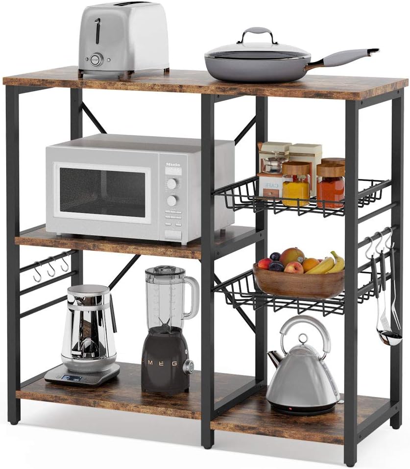 Kitchen Cart Microwave Oven Stand Utility Storage Shelf with Wire Basket and 6 Hooks Z25709