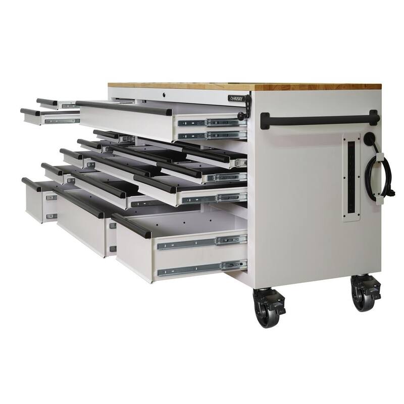 72 in. Heavy Duty Matte White Mobile Workbench Cabinet with Wood Top B472388