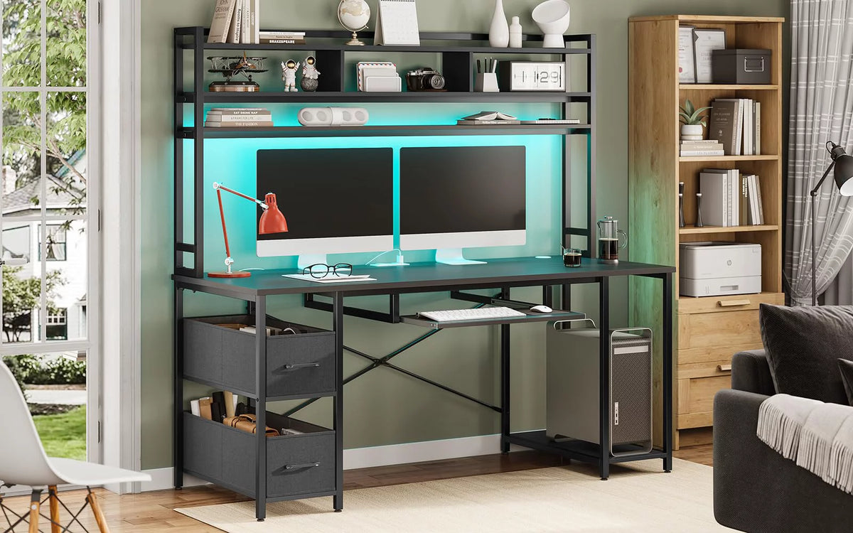 55" Black Wood Computer Desk with LED Lights O209