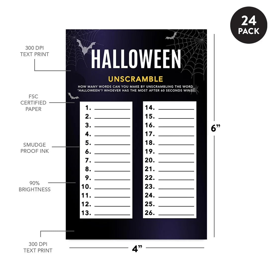 Halloween Party Game Cards, Bats & Spiders Themed, Pk-24 F819626