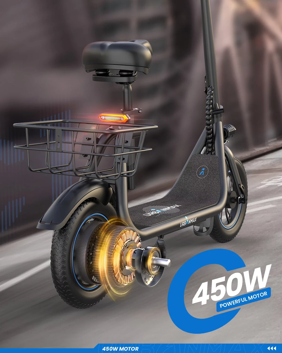 450W 36V Foldable Electric Scooter with Seat Basket 12 in Off-Road Tires Black W370