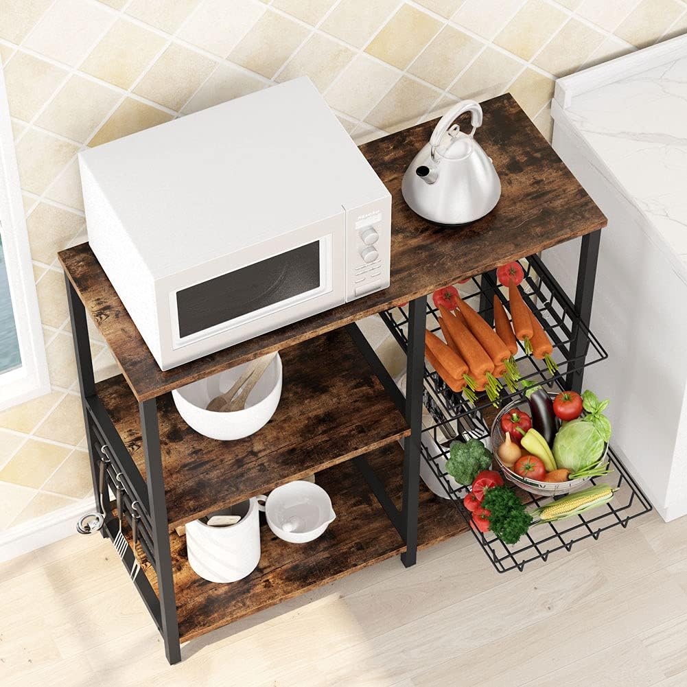 Kitchen Cart Microwave Oven Stand Utility Storage Shelf with Wire Basket and 6 Hooks Z25709
