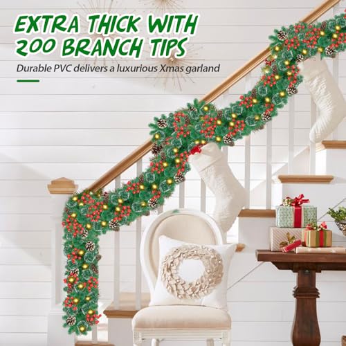 9Ft Pre-lit Christmas Garland with LED Lights Battery Operated, Decorated with Red Flower, Balls, Berries, Snowy Pine X710