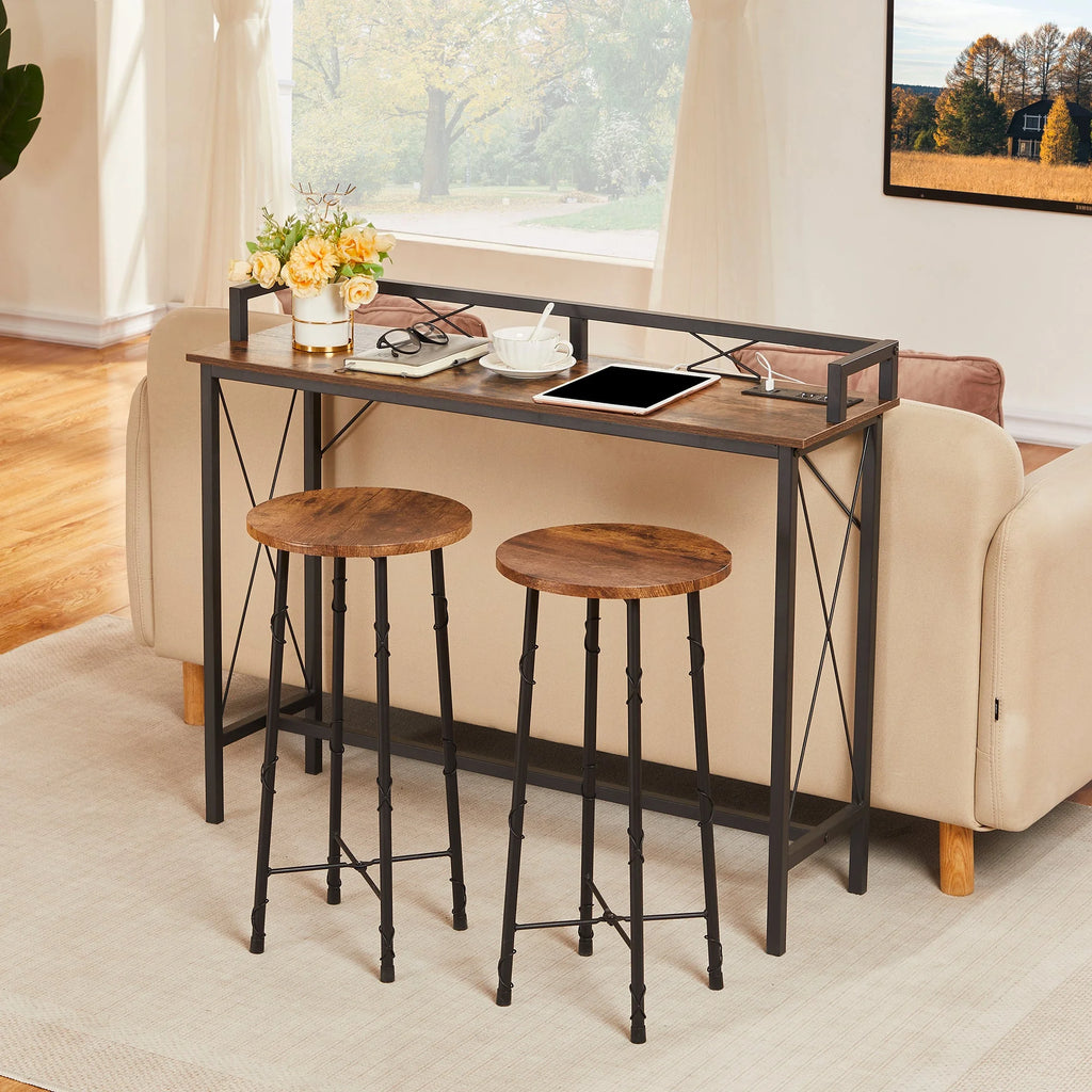 39.4" Console Table with 2 Outlet and 2 USB Ports, Industrial Style Sofa Table, Brown R5120
