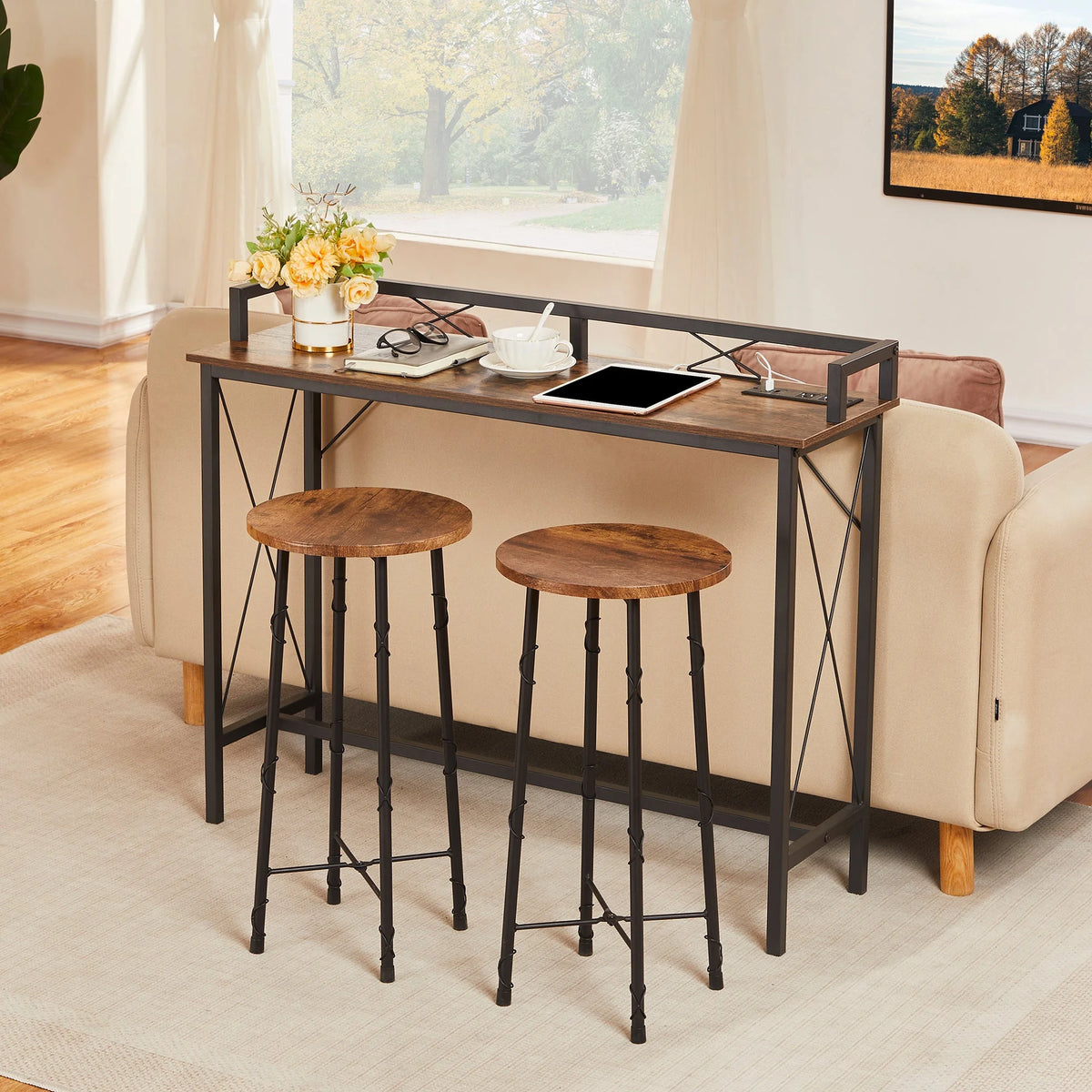 39.4" Console Table with 2 Outlet and 2 USB Ports, Industrial Style Sofa Table, Brown R5120