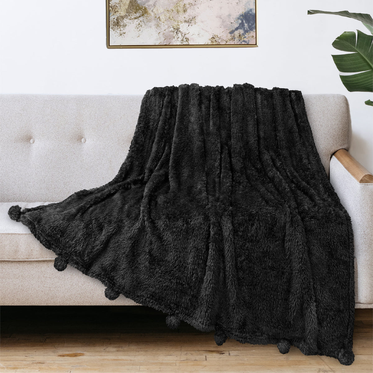 Black Sherpa Throw Blanket with Pom Pom Fringe 50x60 in U7060