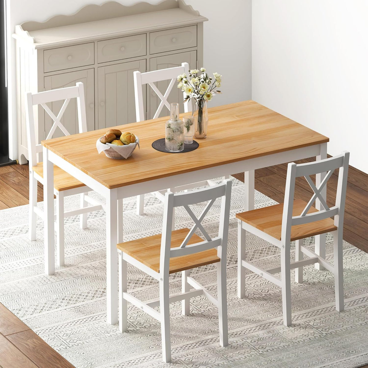 5 Piece Pine Wood Dining Table Set with 4 Chairs T457