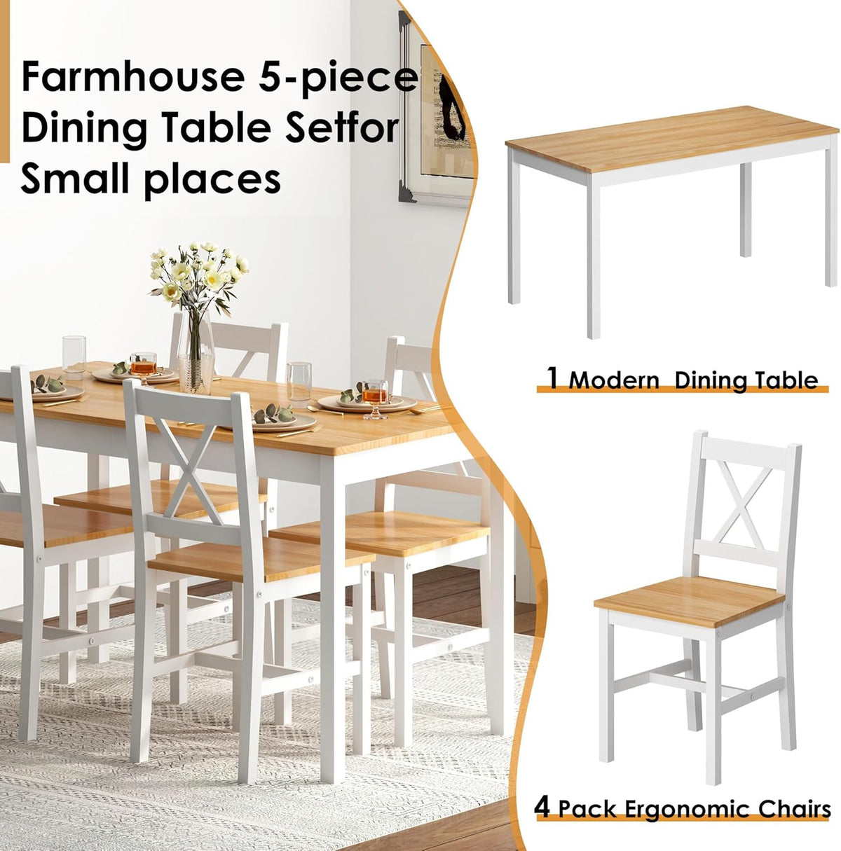 5 Piece Pine Wood Dining Table Set with 4 Chairs T457