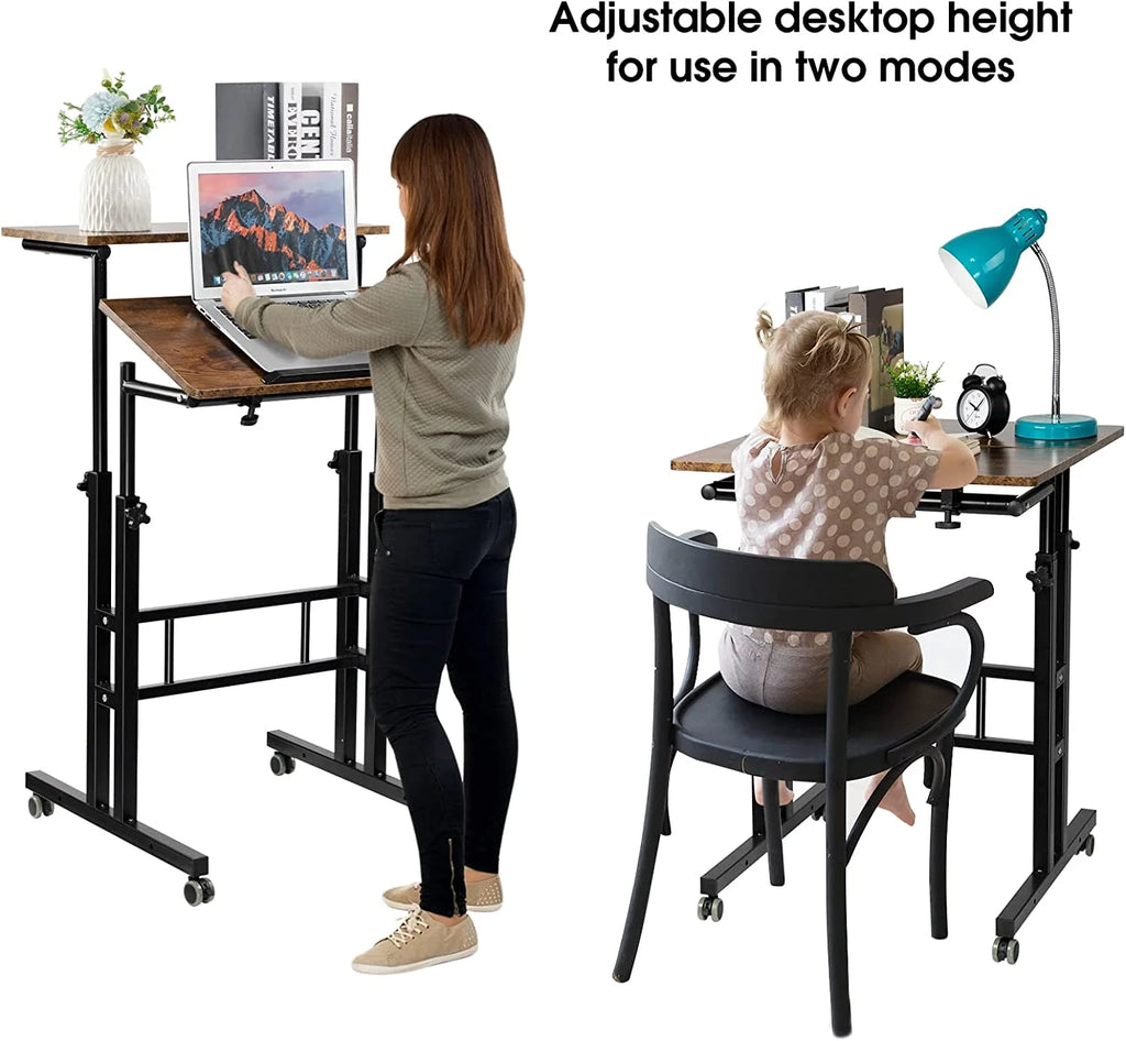 Rustic Brown Adjustable Height Rolling Desk Laptop Cart Z826771