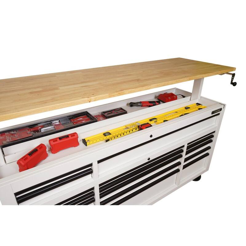 72 in. Heavy Duty Matte White Mobile Workbench Cabinet with Wood Top B472388
