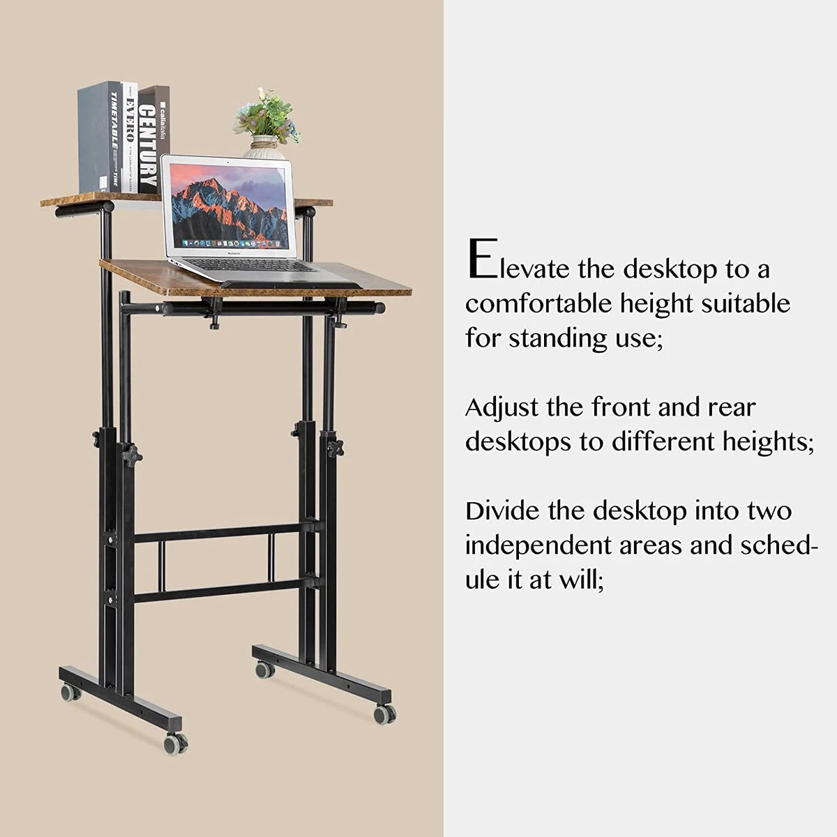Rustic Brown Adjustable Height Rolling Desk Laptop Cart Z826771
