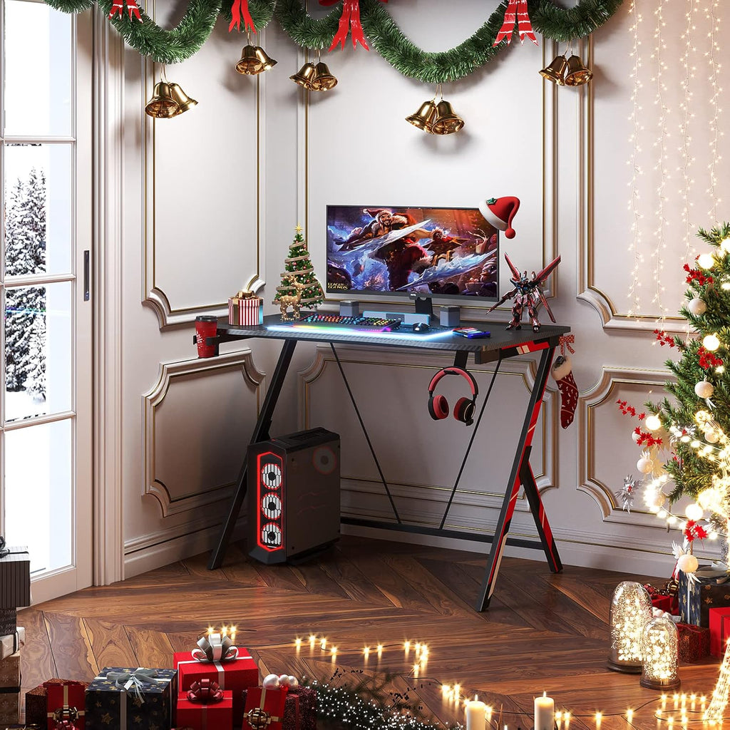 31 inch Gaming Desk with Carbon Fiber Surface and Headphone Hook and Cup Holder S729333