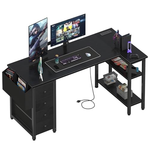 Black L Shaped Gaming Desk with Drawers & Storage Shelves, 47 Inch, Power Outlet B8460