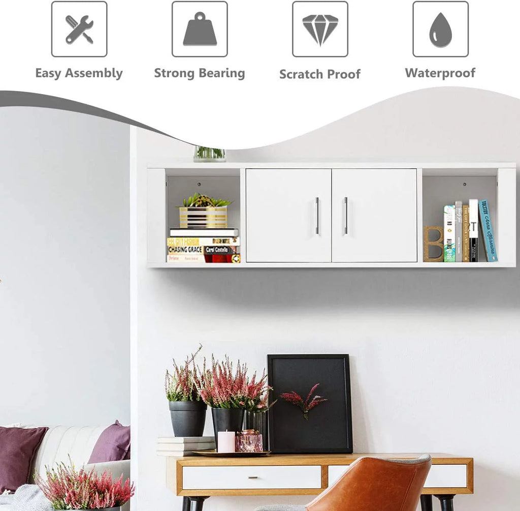 Wall Mounted Storage Cabinet 2 Cube Floating Desk with 2 Doors and 2 Open Shelves White Z1271