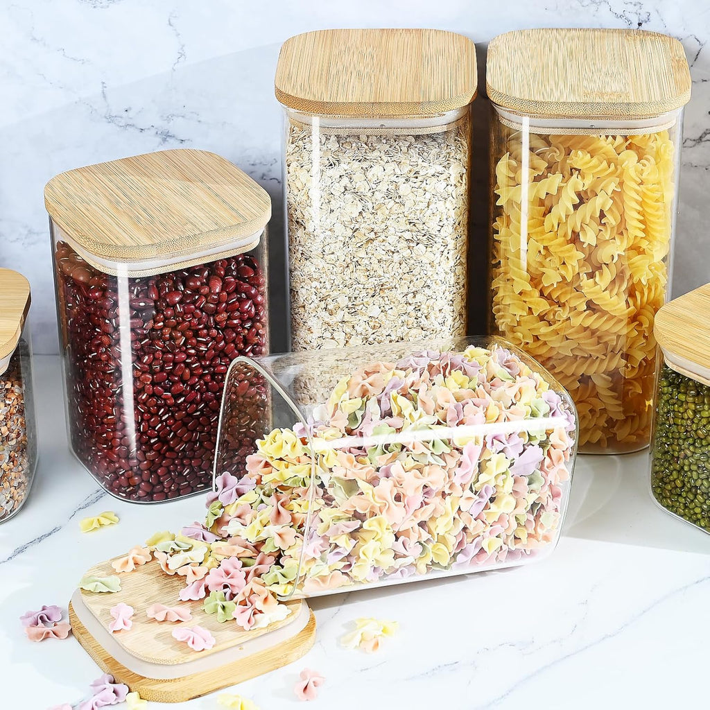 40oz Glass Food Storage Jars with Bamboo Lids, Clear Square Airtight Container Sets, Stackable Canisters (Set of 4) G485973