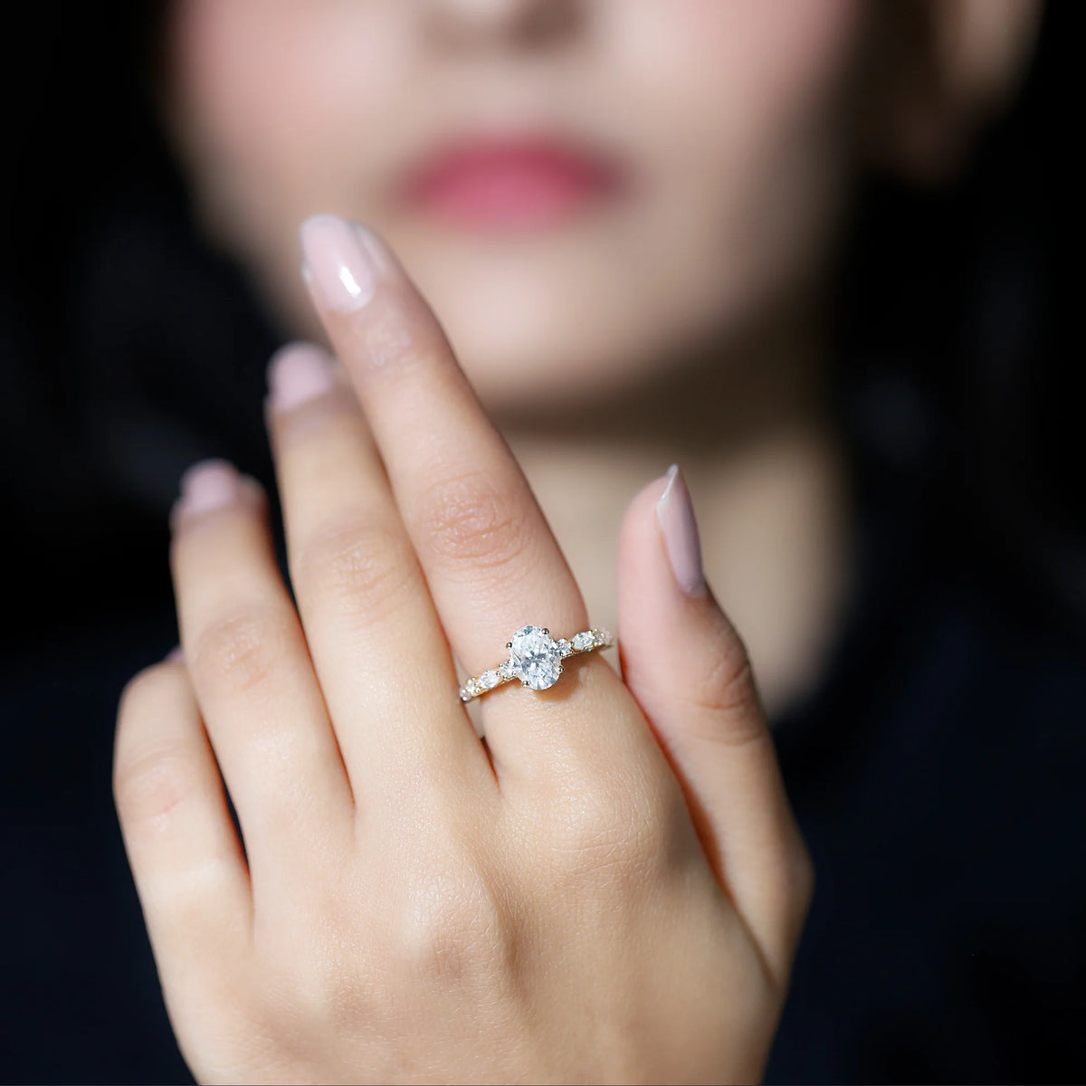 14K Yellow Gold Oval Moissanite Engagement Ring with Side Stones I74529
