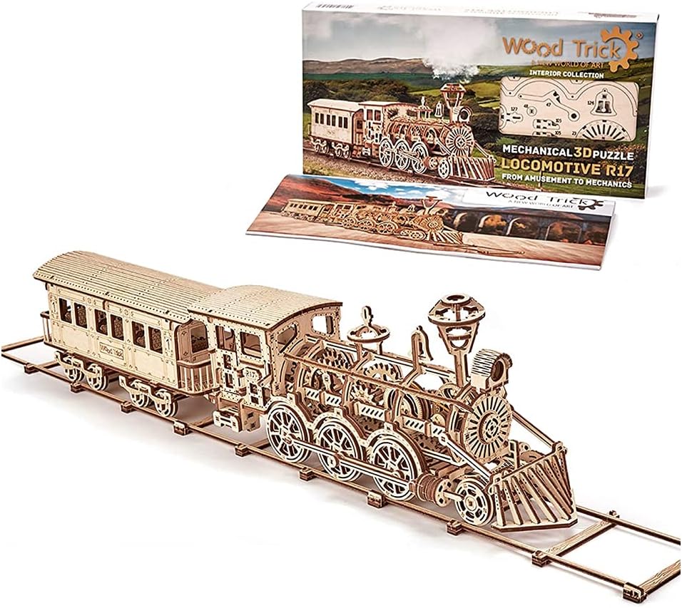 Wooden Toy Train Set with Railway - 34x7″ - Mechanical Model Kit - 3D Wooden Puzzle - DIY Toy Pack of 2 B93993