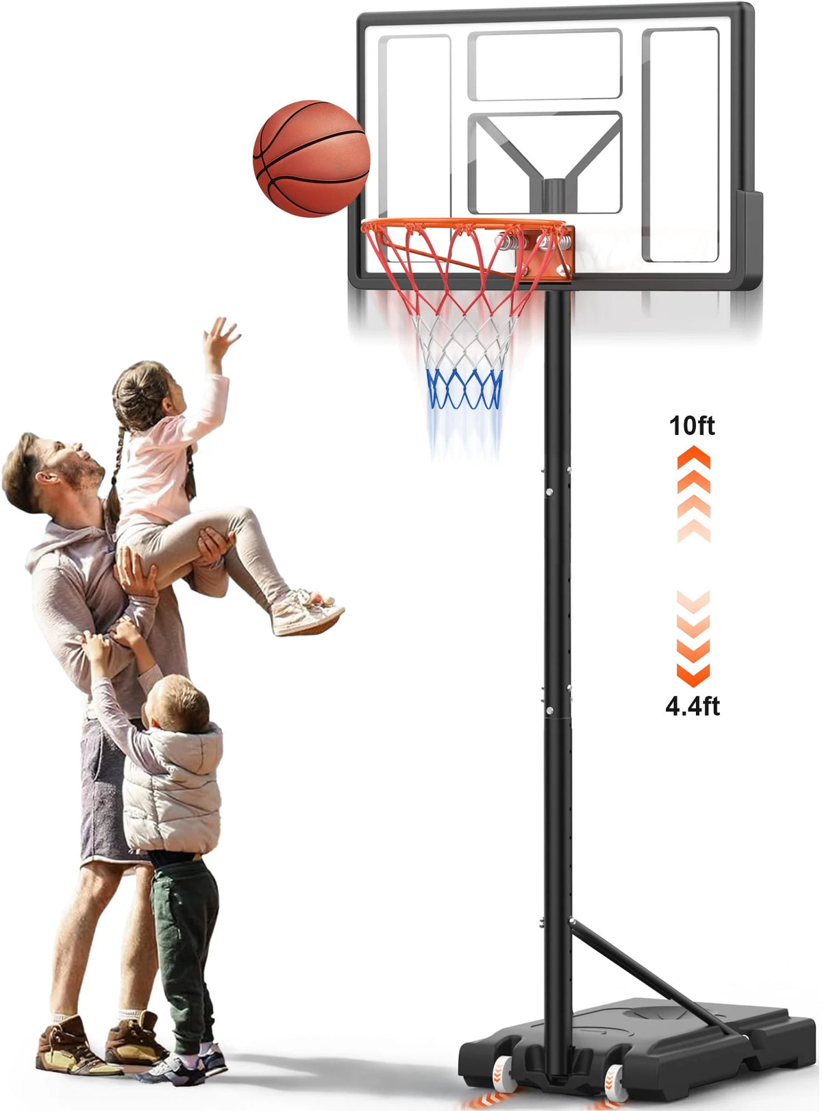Height Adjustable Portable Basketball Hoop with Shatterproof PVC Backboard and 18 Rim A2259