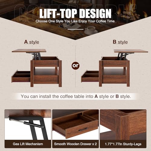 Lift Top Coffee Table with Drawers and Hidden Compartment T987