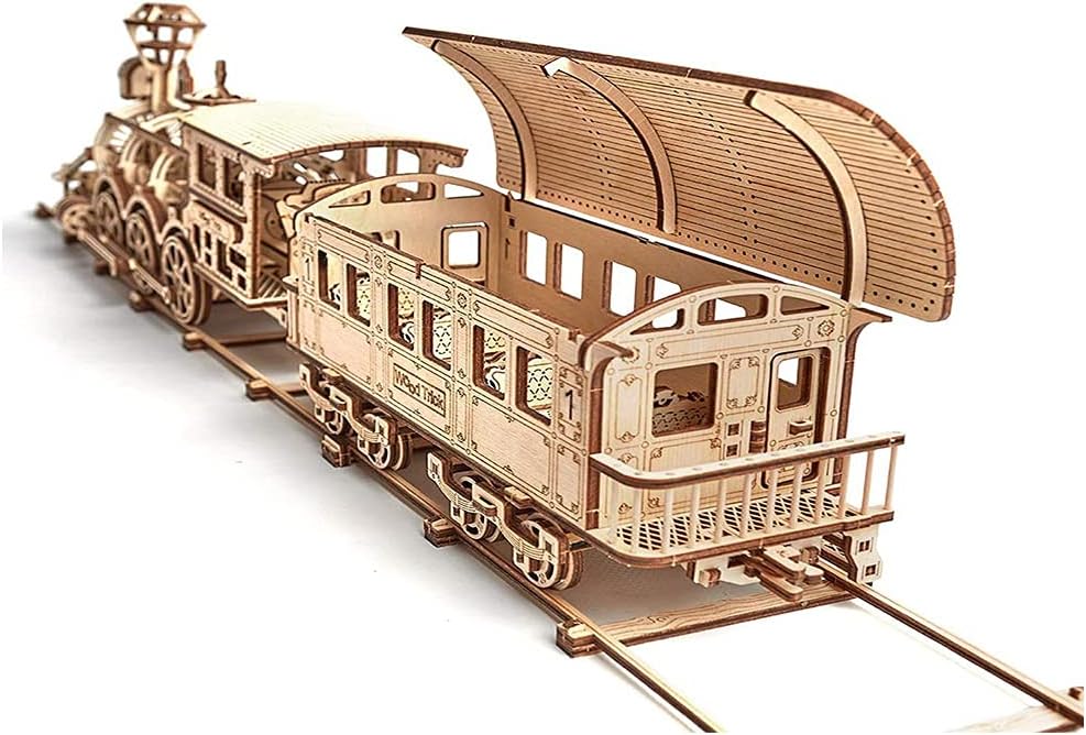 Wooden Toy Train Set with Railway - 34x7″ - Mechanical Model Kit - 3D Wooden Puzzle - DIY Toy Pack of 2 B93993
