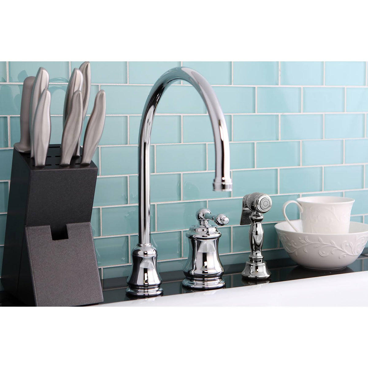 Single Handle Widespread Kitchen Faucet with Brass Sprayer, Polished Chrome A41017