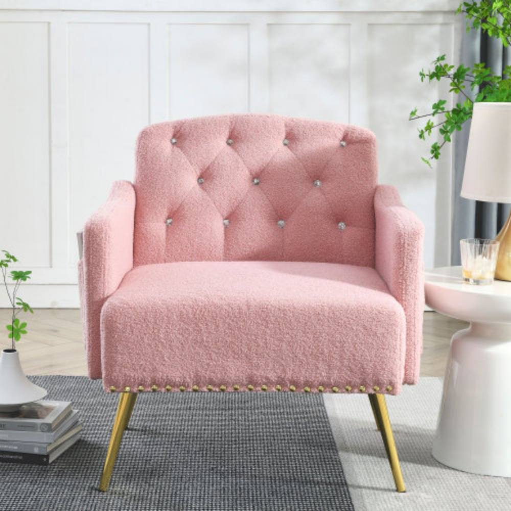 Pink Teddy Upholstered Chesterfield Chair with Gold Hardware Legs H457