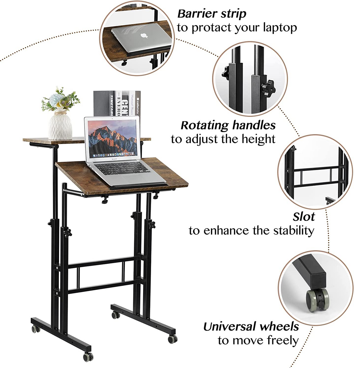 Rustic Brown Adjustable Height Rolling Desk Laptop Cart Z826771