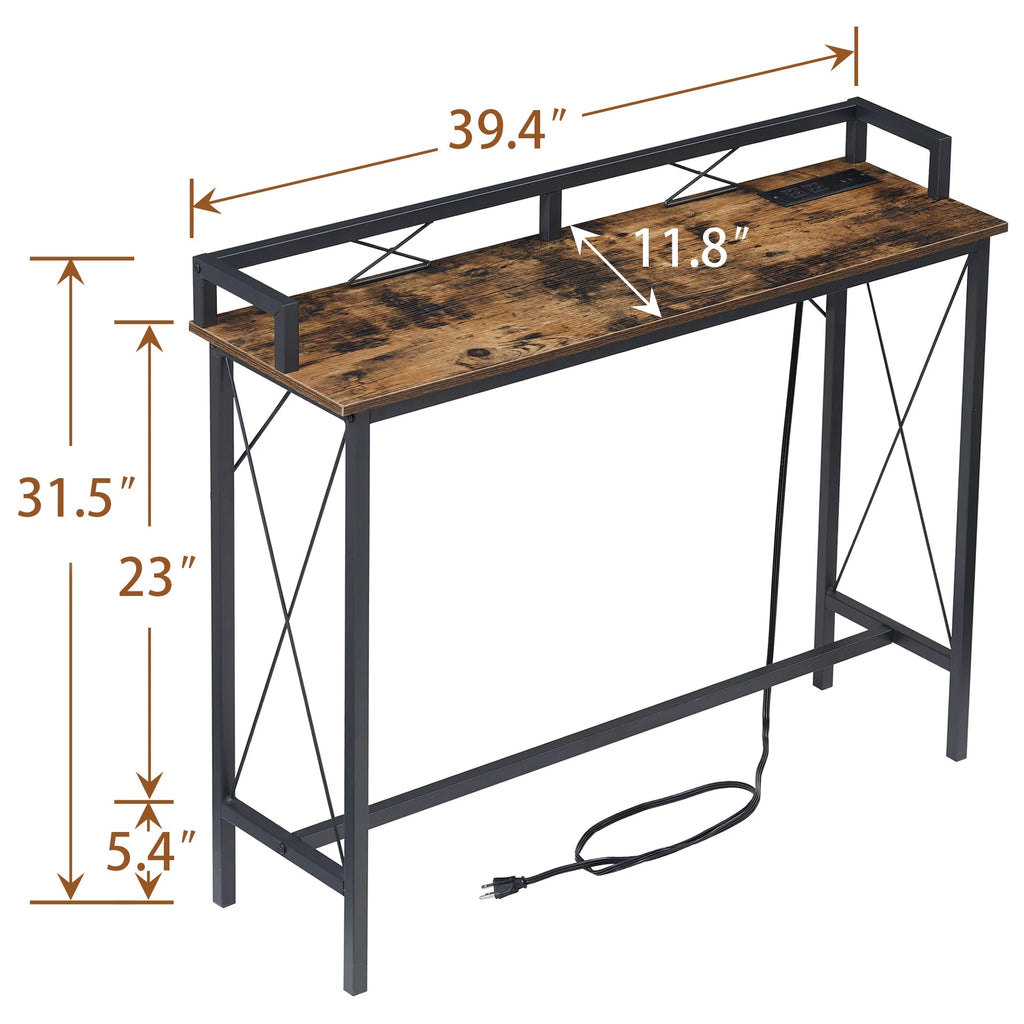 39.4" Console Table with 2 Outlet and 2 USB Ports, Industrial Style Sofa Table, Brown R5120