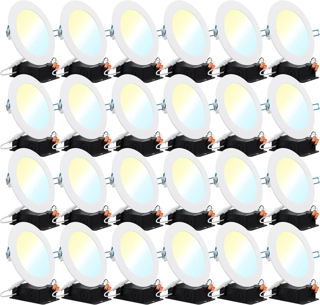 24 Pack 4 Inch Ultra Thin LED Recessed Ceiling Lights, 3000K Warm White, Dimmable 10W, 650 LM, Smooth Trim Damp Rated D700