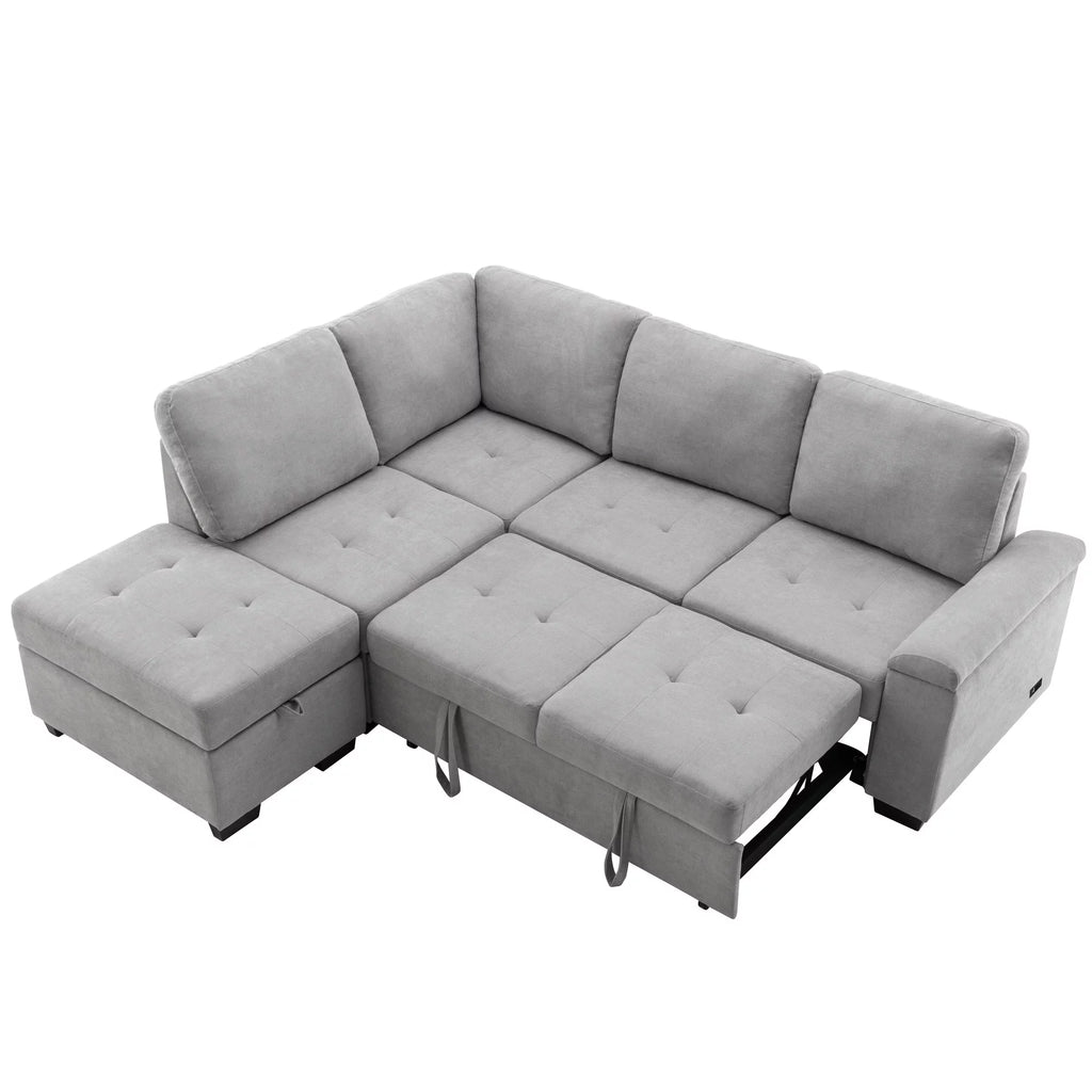 Gray L-Shape Sleeper Sectional Sofa with Storage Ottoman H587661
