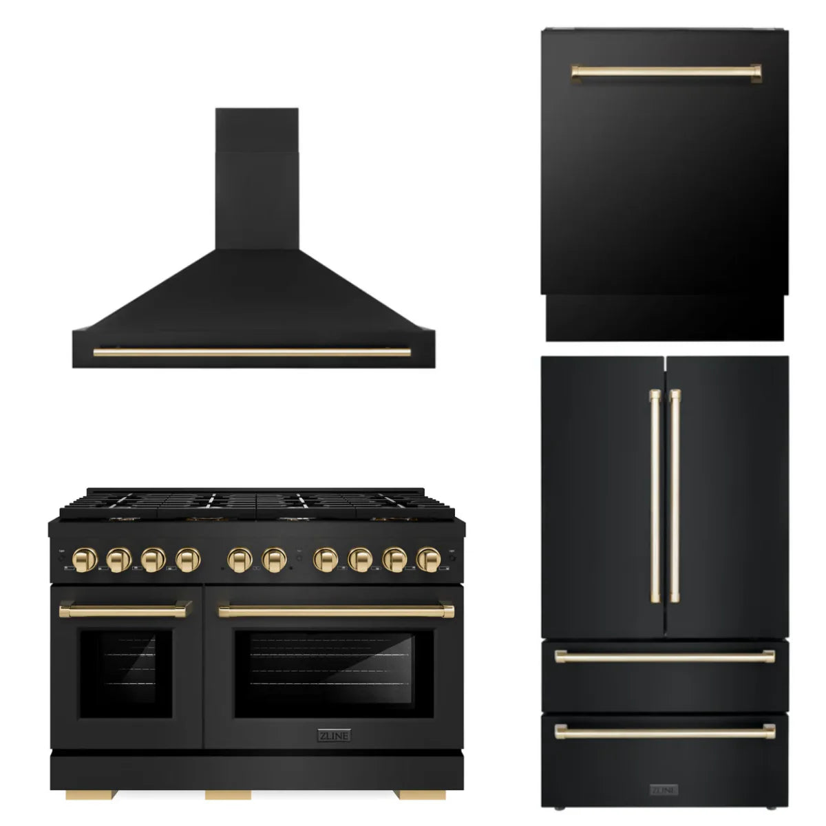 48 In. Gas Range, Range Hood, Refrigerator, and Dishwasher in Black Stainless Steel A845