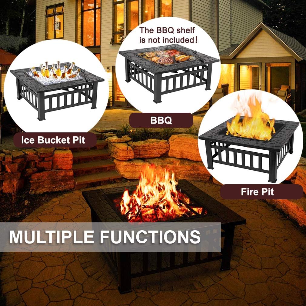 32'' Black Metal Square Wood Burning Fire Pit D746