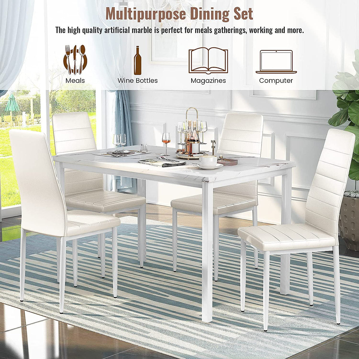 5 Pieces Dining Table Set with Faux Marble Top and 4 Chairs F431