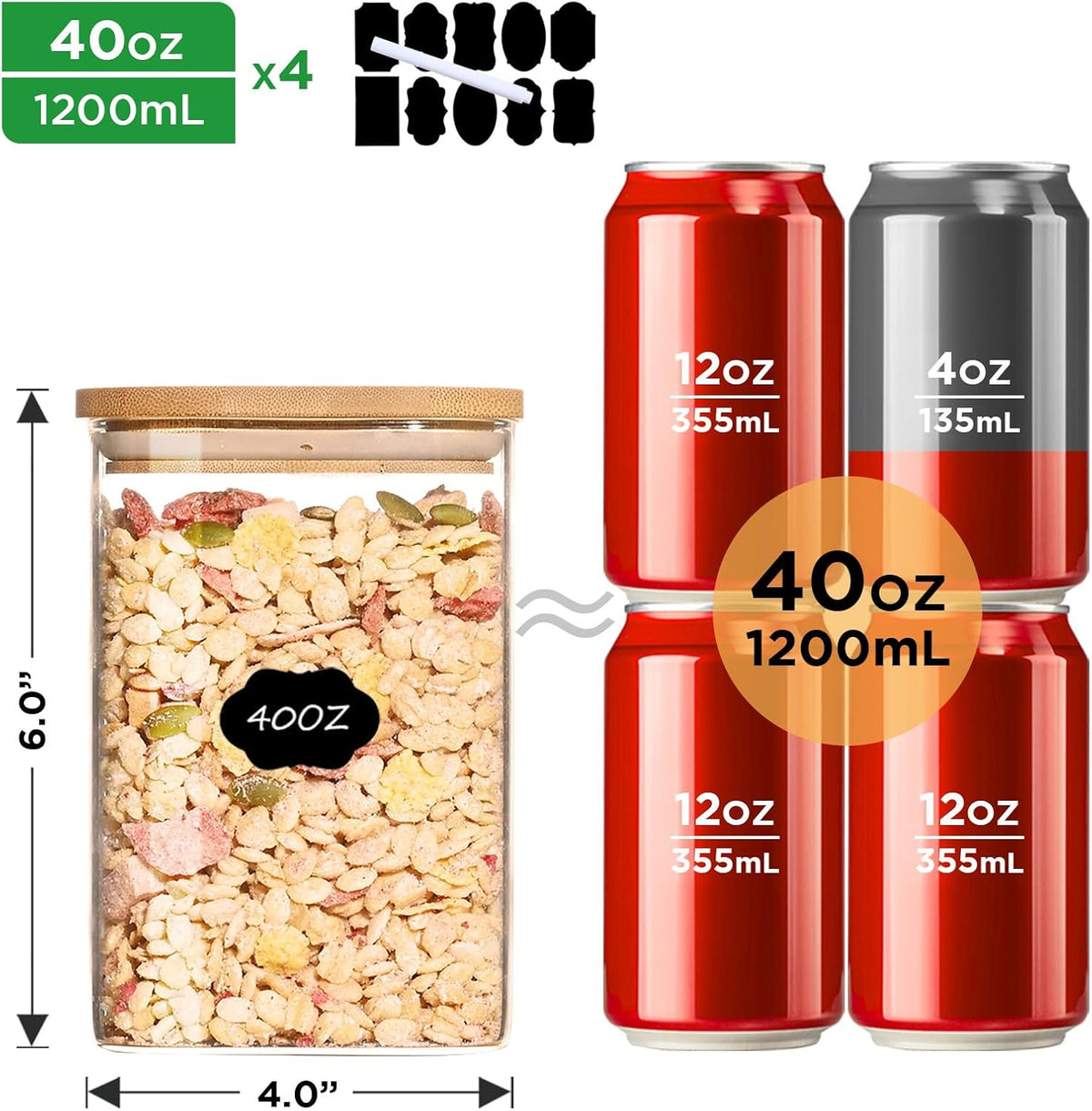 40oz Glass Food Storage Jars with Bamboo Lids, Clear Square Airtight Container Sets, Stackable Canisters (Set of 4) G485973