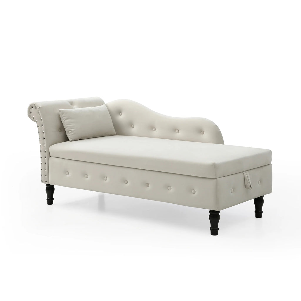 Beige Velvet Storage Chaise Lounge with 1 Pillow T2141