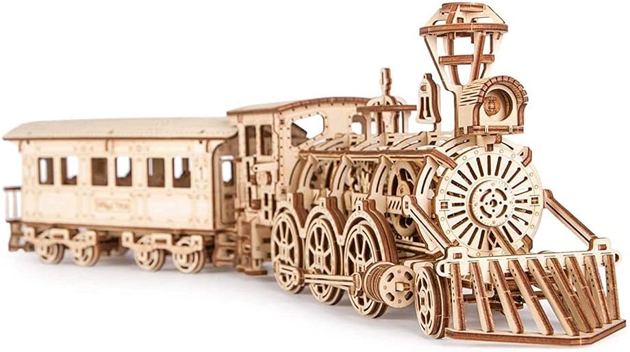 Wooden Toy Train Set with Railway - 34x7″ - Mechanical Model Kit - 3D Wooden Puzzle - DIY Toy Pack of 2 B93993