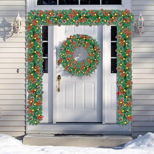 9Ft Pre-lit Christmas Garland with LED Lights Battery Operated, Decorated with Red Flower, Balls, Berries, Snowy Pine X710