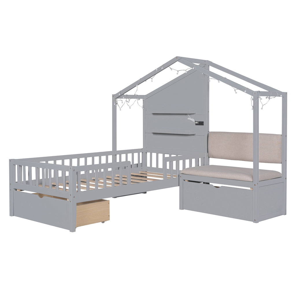 Twin Size House Bed with Upholstered Sofa, Charging Station, Shelves and Two Drawers, Gray Y778429