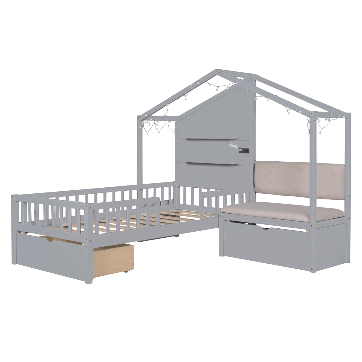Twin Size House Bed with Upholstered Sofa, Charging Station, Shelves and Two Drawers, Gray Y778429