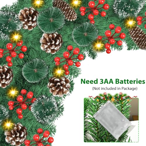 9Ft Pre-lit Christmas Garland with LED Lights Battery Operated, Decorated with Red Flower, Balls, Berries, Snowy Pine X710