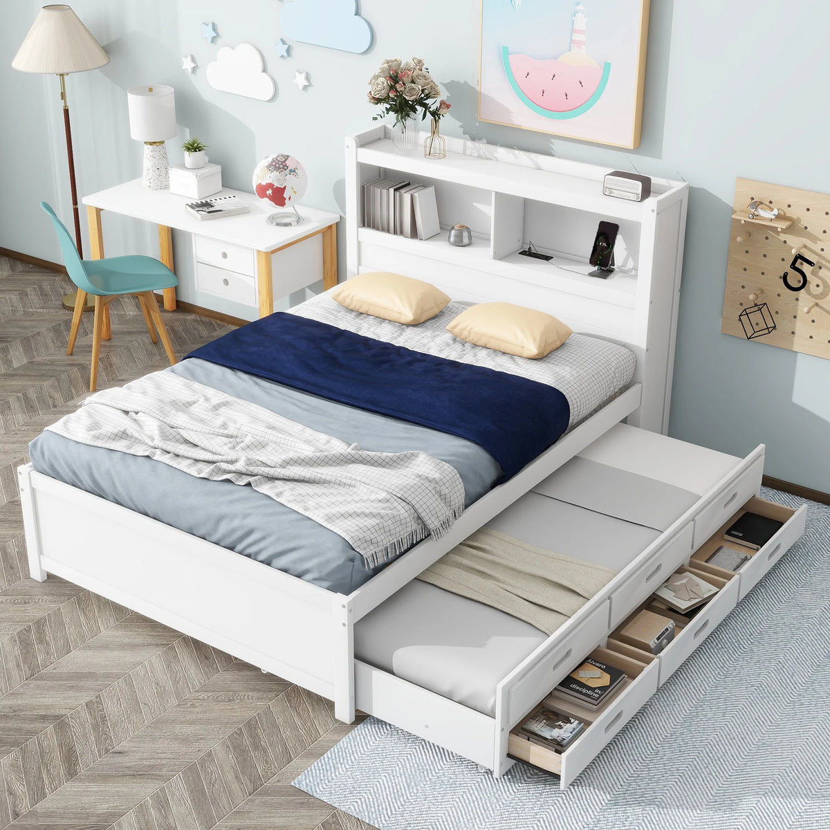 White Full Size Platform Bed with Trundle and Storage Drawers K159