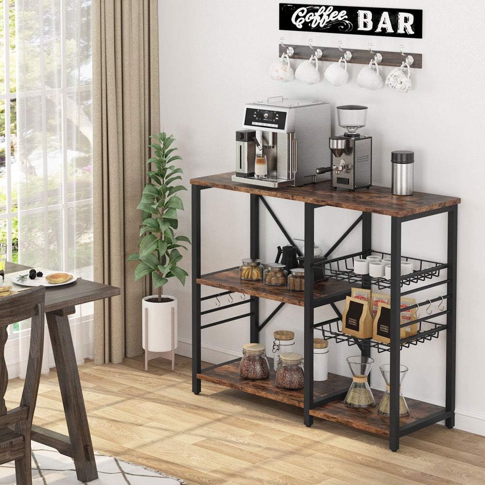 Kitchen Cart Microwave Oven Stand Utility Storage Shelf with Wire Basket and 6 Hooks Z25709