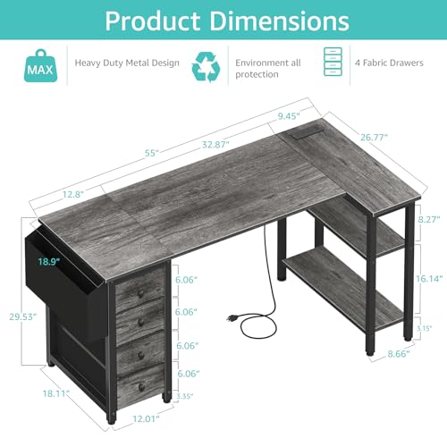 Black L Shaped Gaming Desk with Drawers & Storage Shelves, 47 Inch, Power Outlet B8460