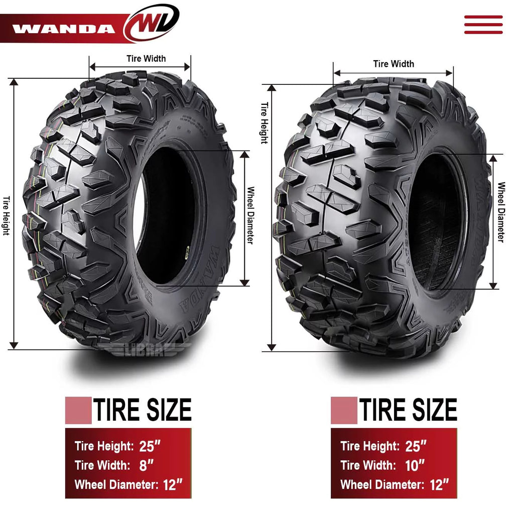 25x8-12 Front & 25x10-12 Rear 6PR ATV/UTV Tires Set 4 Z748