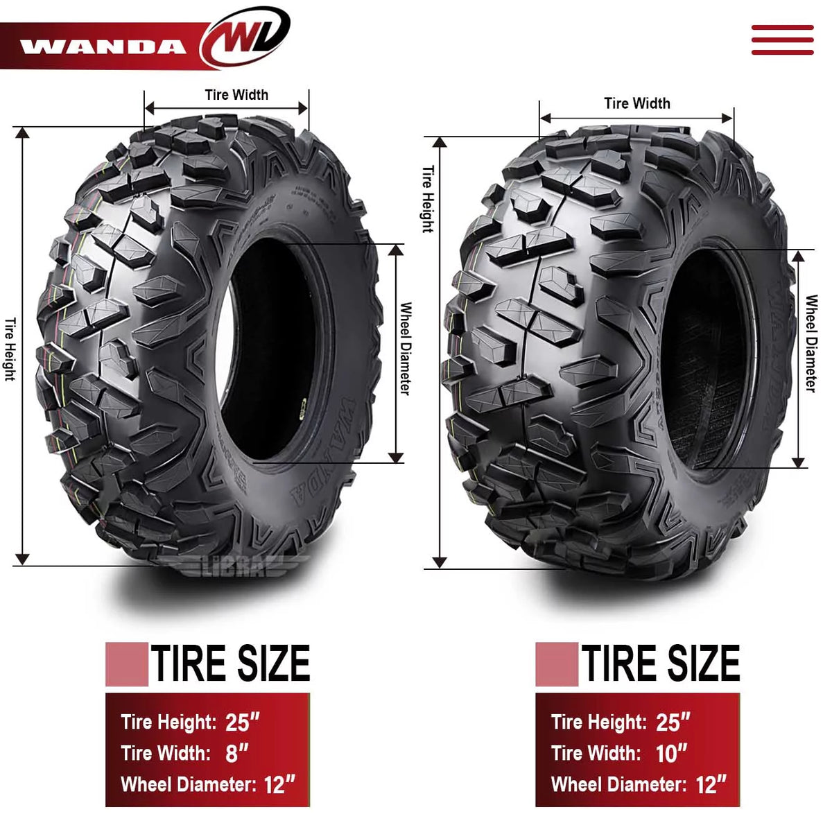 25x8-12 Front & 25x10-12 Rear 6PR ATV/UTV Tires Set 4 Z748