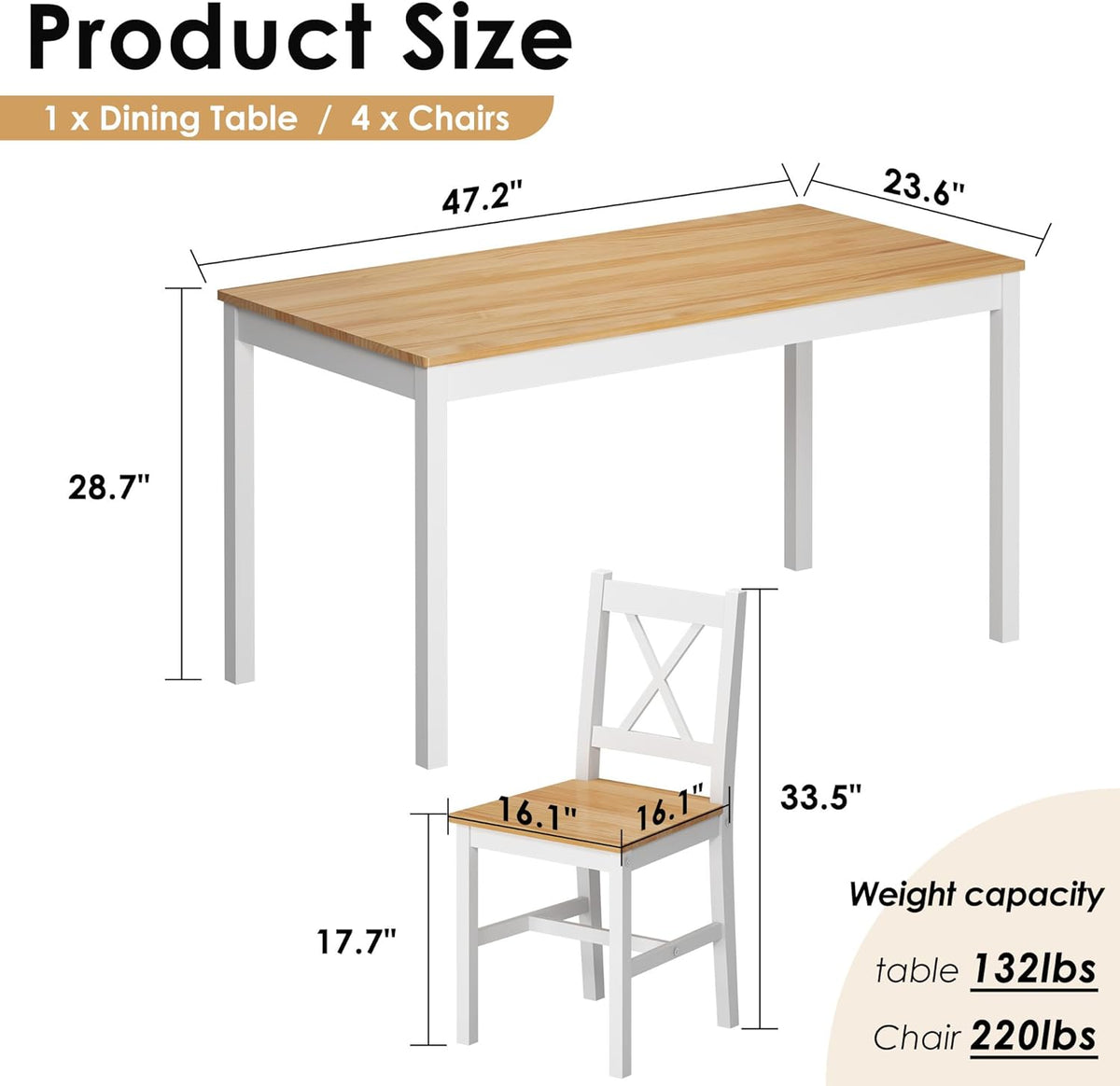 5 Piece Pine Wood Dining Table Set with 4 Chairs T457