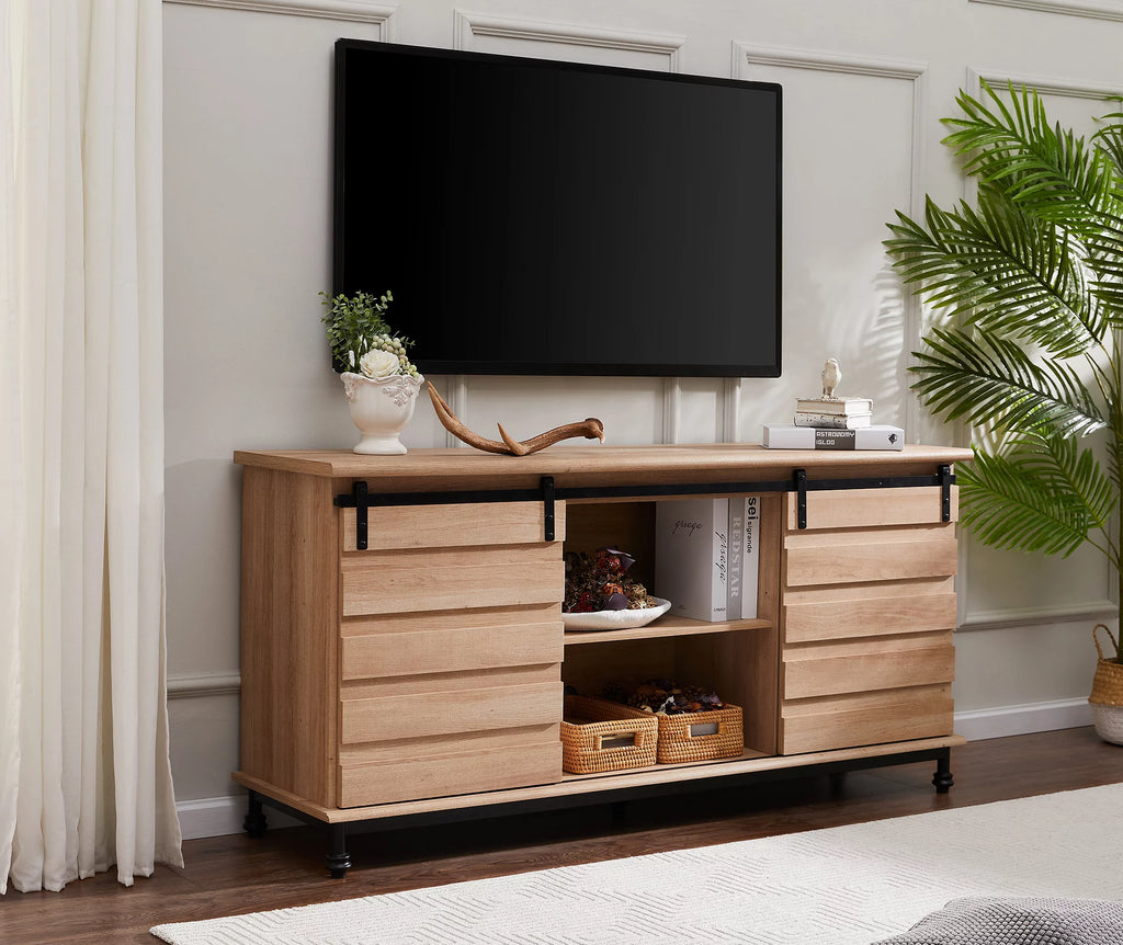 Light Brown TV Stand with Sliding Barn Door T7600