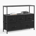 5 Drawer Fabric Dresser with Wooden Top and Open Shelf Black S955