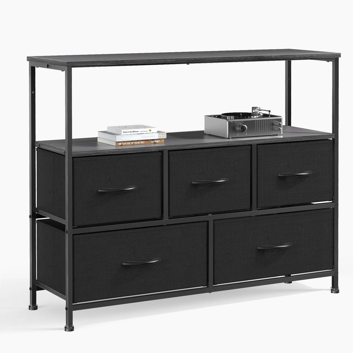 5 Drawer Fabric Dresser with Wooden Top and Open Shelf Black S955